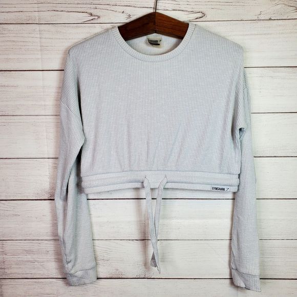 Gymshark Cropped Pullover Sweatshirt Top Women's Size M Gray Ribbed Long… - Picture 1 of 8
